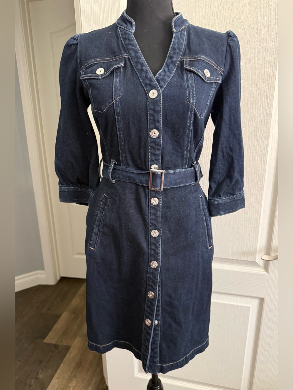 INC International Concepts Dark Navy Denim Button-Front Midi Dress with Belt